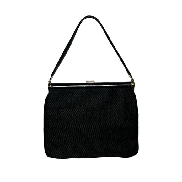 Vintage Julius Resnick 1960s Crochet Floral Applique Black Burlap Handbag Purse - Picture 3 of 5